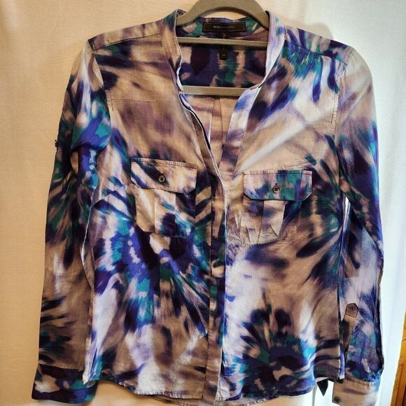 BCBG MAXAZRIA BLUE PURPLE GRAY TIE-DYE SHEER TOP SIZE XS LONG SLEEVE COLORFUL - Picture 2 of 9